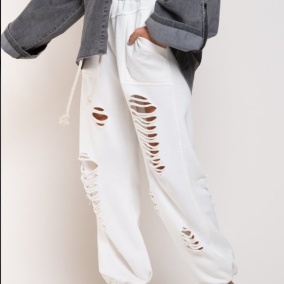 French Terry Joggers Distressed White - Picture 5 of 7